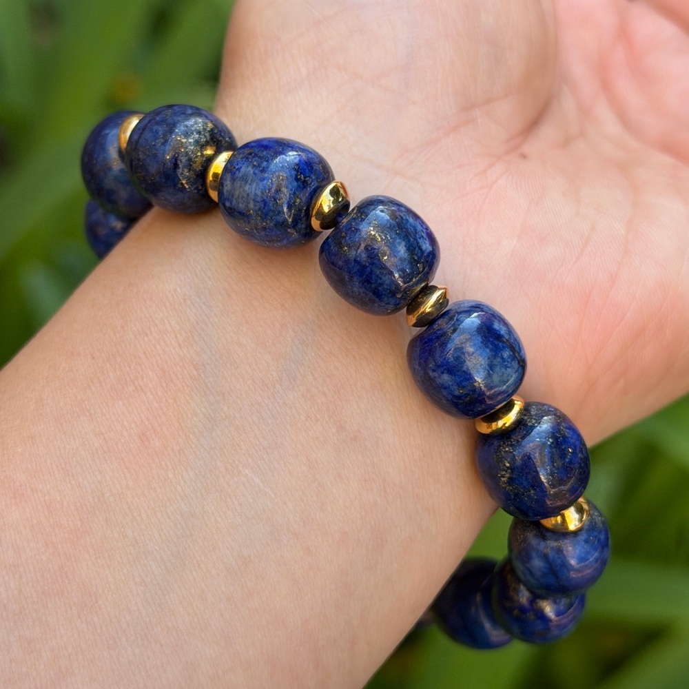 12mm stretchable‎ stainless steel lapis lazuli barrel bracelet 0770 - Picture 7 of 10